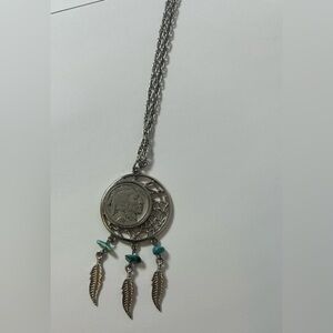 1937 Buffalo Nickel Indian Chief Dream Catcher Turquoise Pendant 24" Necklace